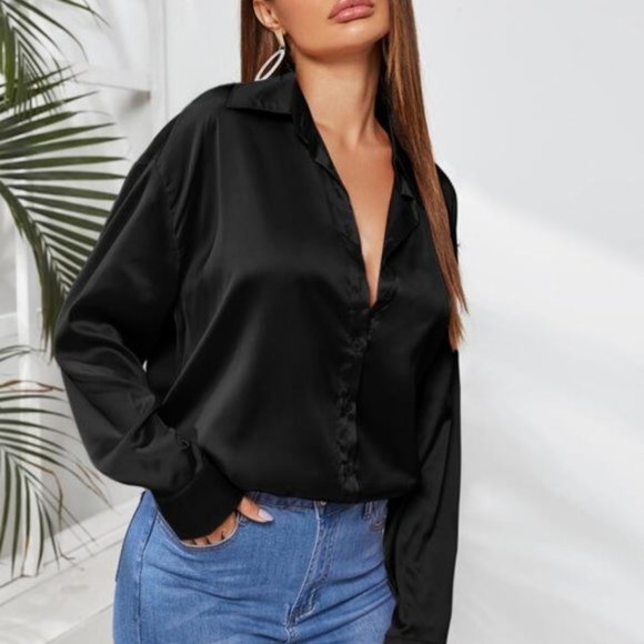 CHIC DOLLZ Satin Button Down Blouse - Black - Picture 3 of 3